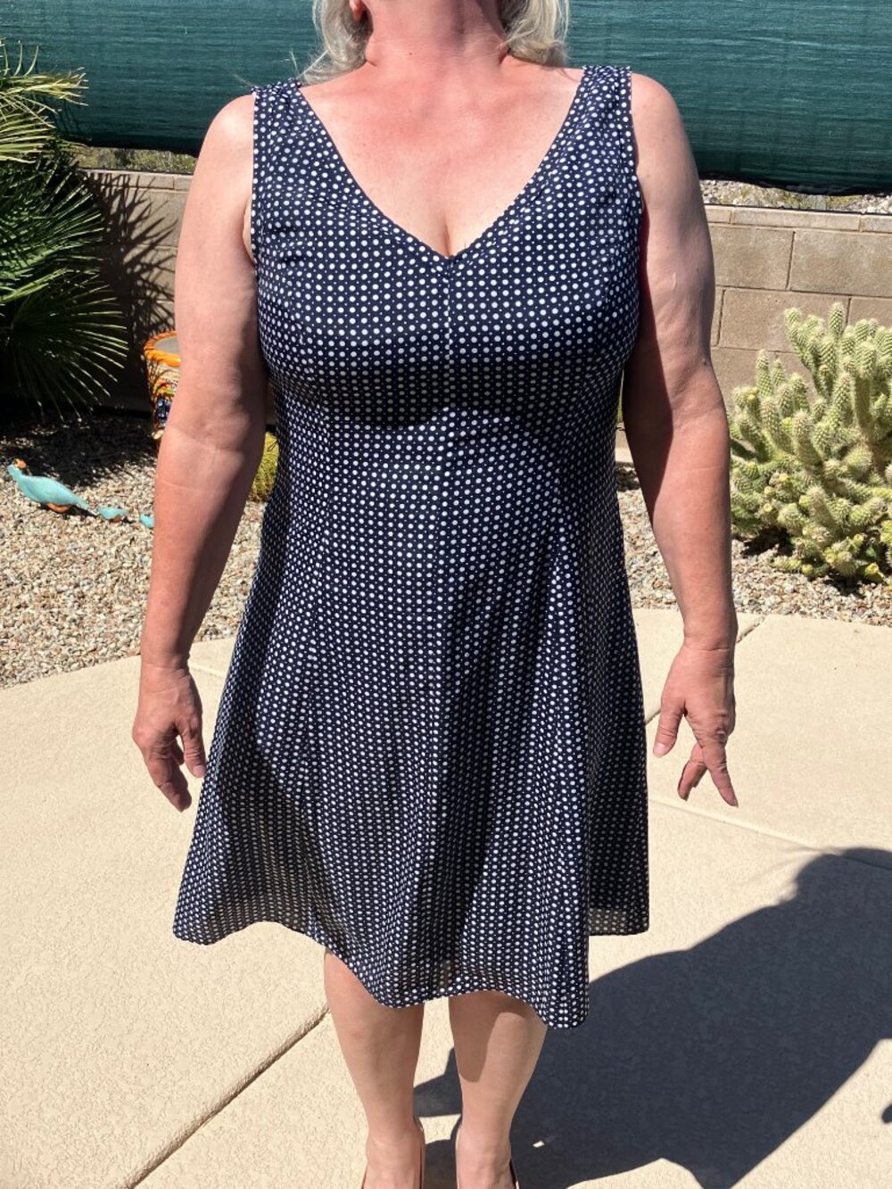 Jones New York Navy Blue with White dots V Neck Midi Dress 16